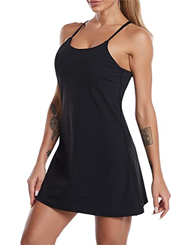Women's Sleeveless Exercise Tennis Dress with Built-in Bra & Shorts Golf Workout Athletic Dresses Pockets (Black, Small)