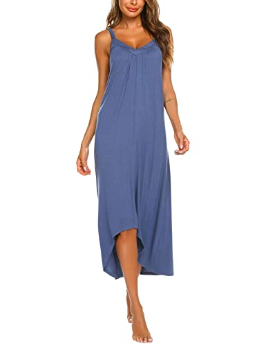 Ekouaer Womens Nightgown Sleeveless Long Nightshirt Sexy Full Slip Night Dress Summer Plus Size Sleepshirt Chemise Blue