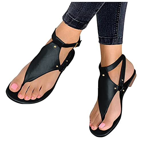 NOLDARES Sandals for Women Casual Summer Roman Open Toe Sandals Buckle-Strap Leather Flat Sandals Walking Retro Women Sandals, Black, 7