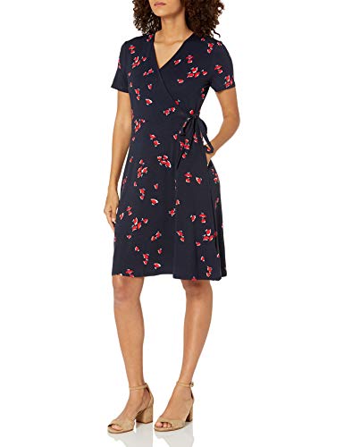 Amazon Essentials Women's Cap-Sleeve Faux-Wrap Dress, Navy/Red, Tossed Leaf/Tulips, Medium