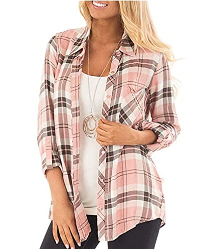 NUOREEL Womens Casual Plaid Soft Button Down Tops Roll Up Long Sleeve Cuffed Blouse Shirts (Large, Pink)