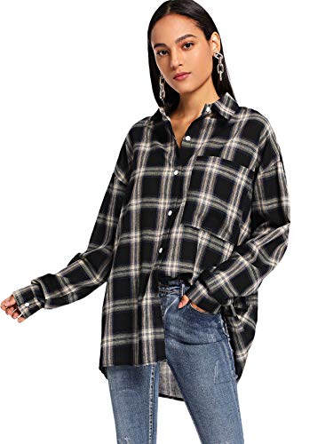 SweatyRocks Women's Long Sleeve Collar Plaid Long Button Down Shirt Blouse Tops Black Large