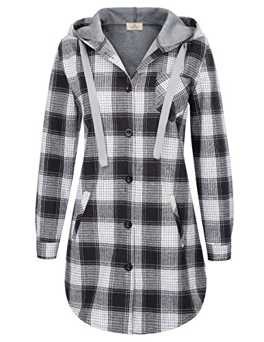 Women's Plaid Loose Fit Hood Flannel Blouse Causal Lounge Wear L Black
