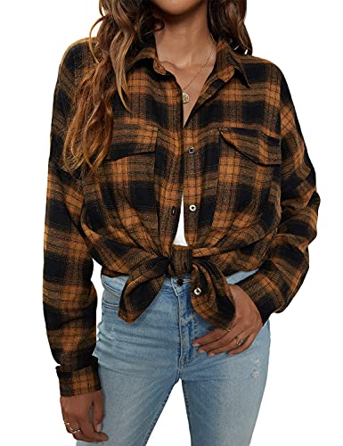 Blooming Jelly Women's Button Down Shirts Plaid Long Sleeve Collared Business Casual Tops Work Blouses V Neck T Shirts Flannel Shirts for Women（Medium,Plaid